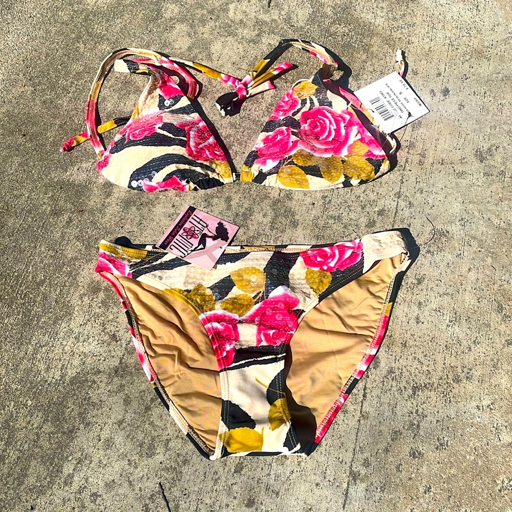 Atomic swimwear Brazilian small two piece new with tags zebra rose sequin halter